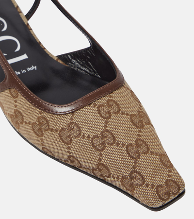 Shop Gucci Gg Leather-trimmed Slingback Flats In Brown