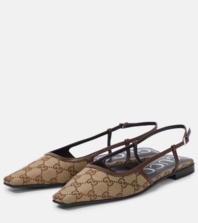 Shop Gucci Gg Leather-trimmed Slingback Flats In Brown