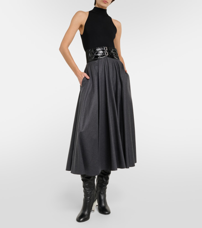 Alaïa Belted High-rise Virgin Wool Midi Skirt In Grey