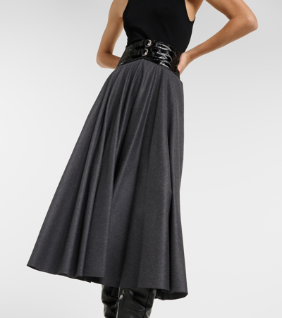 Alaïa Belted High-rise Virgin Wool Midi Skirt In Grey