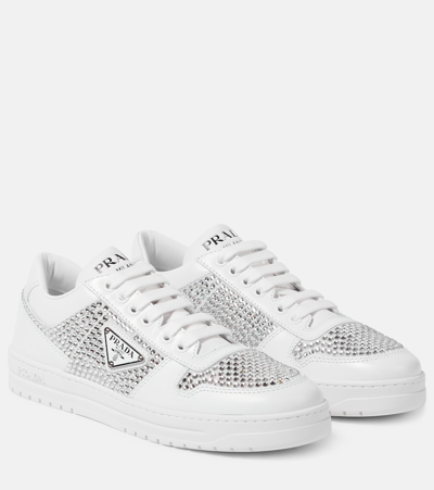 Prada Crystal-embellished Leather Sneakers In White