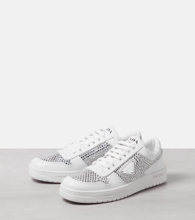 Prada Crystal-embellished Leather Sneakers In White
