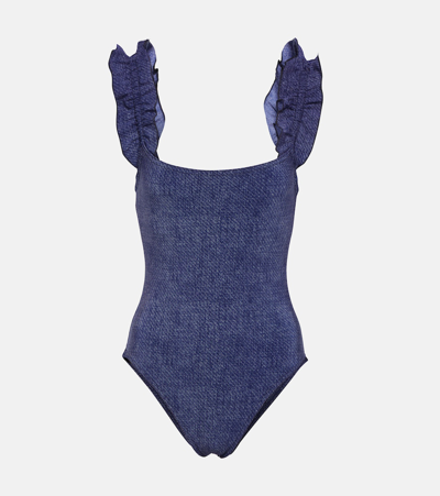 Shop Karla Colletto Nori Ruffled Denim Swimsuit In Blue Denim