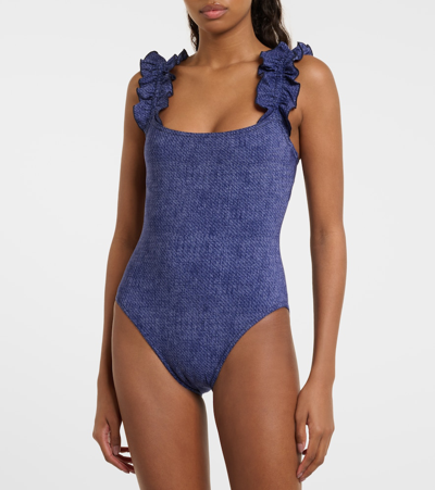 Shop Karla Colletto Nori Ruffled Denim Swimsuit In Blue Denim