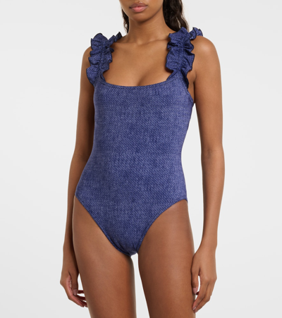 Karla Colletto Nori Ruffled Denim Swimsuit In Blue Denim