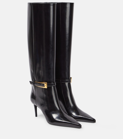 Shop Saint Laurent Lee Glazed Leather Knee-high Boots In Nero