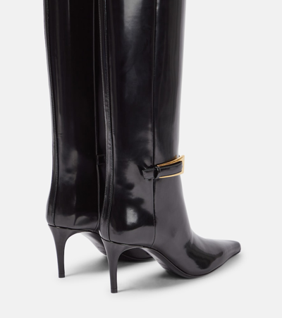 Shop Saint Laurent Lee Glazed Leather Knee-high Boots In Nero