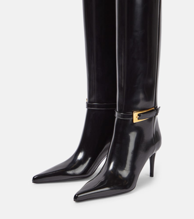 Shop Saint Laurent Lee Glazed Leather Knee-high Boots In Nero