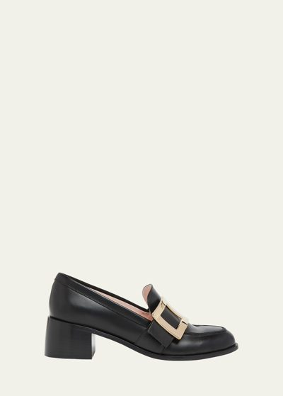 Shop Roger Vivier Viv Rangers Leather Buckle Heeled Loafers In Nero