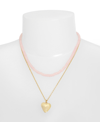 Shop Robert Lee Morris Soho Faux Stone Puffy Heart Layered Necklace In Rose Quartz,gold