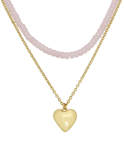 Shop Robert Lee Morris Soho Faux Stone Puffy Heart Layered Necklace In Rose Quartz,gold