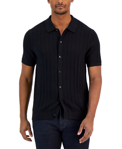 Shop Michael Kors Men's Slim-fit Textured-stitch Sweater-knit Button-down Shirt In Black