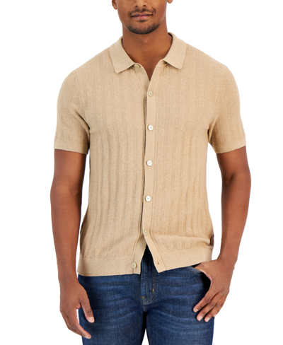 Shop Michael Kors Men's Slim-fit Textured-stitch Sweater-knit Button-down Shirt In Khaki Melange