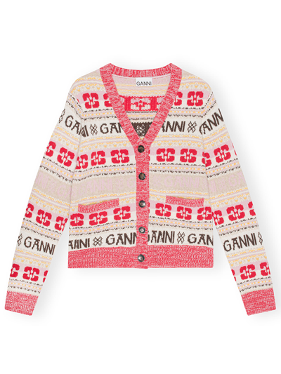 Shop Ganni Logo Wool Knitted Cardigan