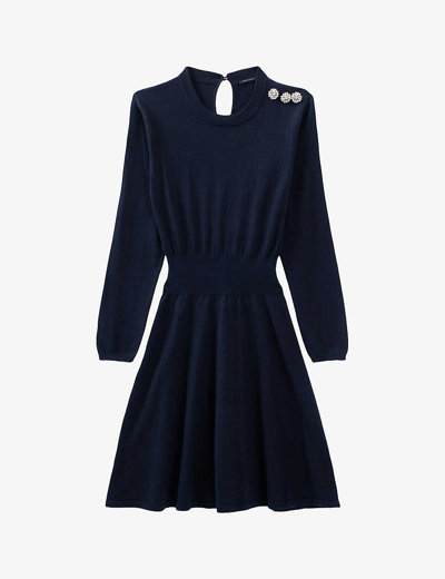 Shop Ikks Diamante Button-embellished Cotton-blend Midi Dress In Blue
