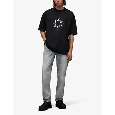 Shop Allsaints Men's Jet Black Halo Oversized Logo-print Organic-cotton T-shirt