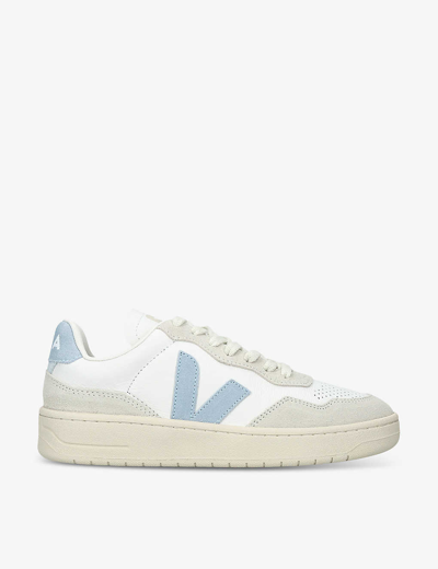 Shop Veja V-90 Logo-embroidered Leather Low-top Trainers In Blue Other