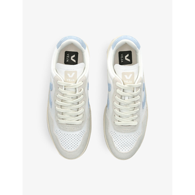 Shop Veja V-90 Logo-embroidered Leather Low-top Trainers In Blue Other