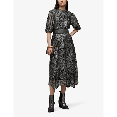 Shop Allsaints Women's Gunmetal Grey Camila Asymmetric Broderie-anglaise Midi Dress