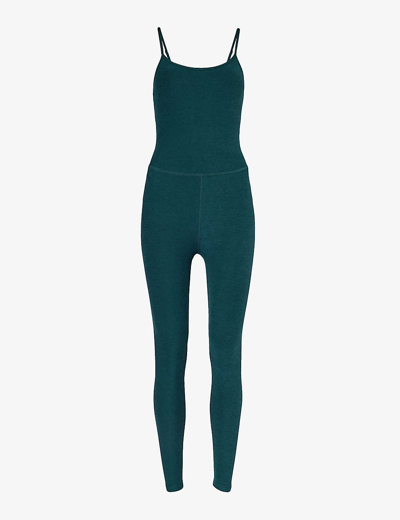 Shop Beyond Yoga Spacedye Uplevel Scoop-neck Stretch-woven Jumpsuit In Midnight Green Heather