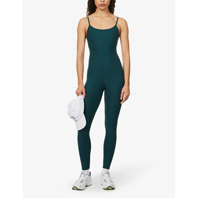 Shop Beyond Yoga Women's Midnight Green Heather Spacedye Uplevel Scoop-neck Stretch-woven Jumpsuit