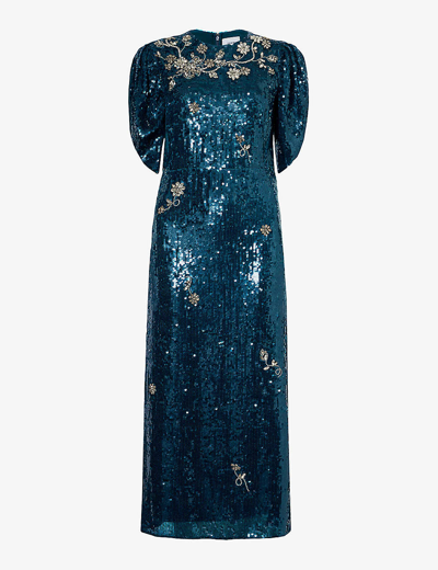 Shop Erdem Women's Petrol Astrea Sequin-embellished Woven-blend Midi Dress