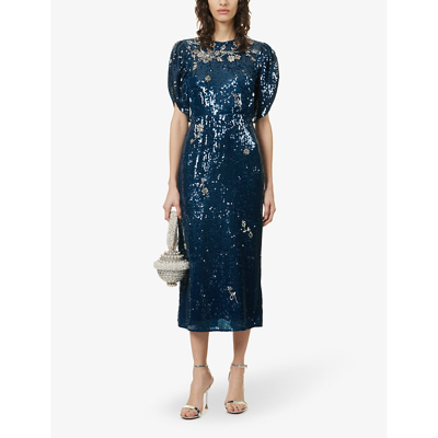 Shop Erdem Women's Petrol Astrea Sequin-embellished Woven-blend Midi Dress