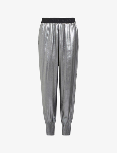 Shop Allsaints Nala Metallic Tapered High-rise Woven Trousers In Gunmetal Grey