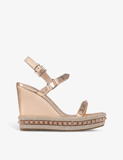 Shop Christian Louboutin Pyraclou 110 Stud-embellished Suede Heeled Wedge Sandals In Beige