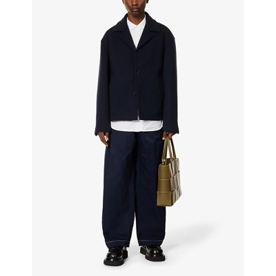 Shop Bottega Veneta Men's Navy Tech Contrast-stitch Wide-leg Relaxed-fit Shell Trousers