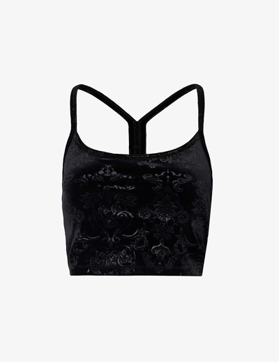 Shop Beyond Yoga Women's Black Pattern-embellished Cropped Stretch-woven Top