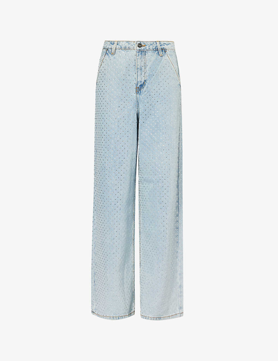 Shop Self-portrait Women's Blue Wide-leg Mid-rise Crystal-embellished Jeans