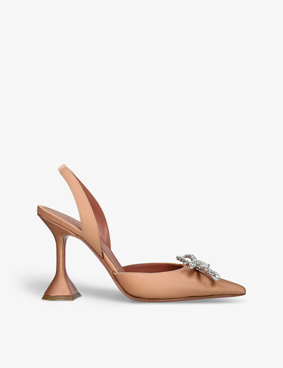 Shop Amina Muaddi Women's Brown Rosie Crystal-embellished Suede Slingback Courts