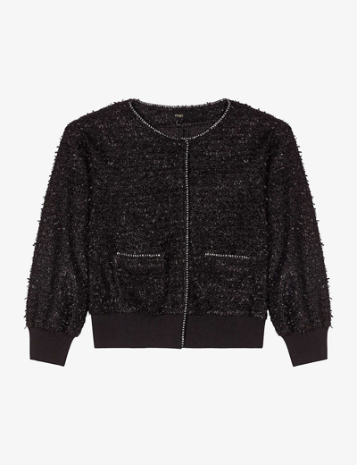 Shop Maje Womens Noir / Gris Loxane Chain-embellished Textured-knit Jacket
