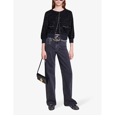Shop Maje Womens Noir / Gris Loxane Chain-embellished Textured-knit Jacket