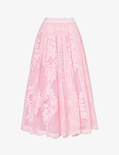 Shop Giambattista Valli Womens Gladious Scalloped-trim Semi-sheer Cotton-blend Midi Skirt