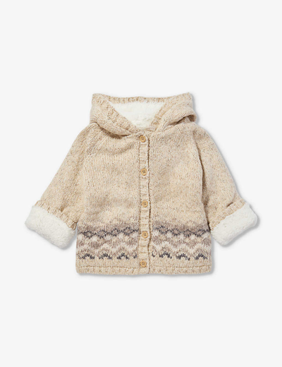 Shop The Little Tailor Oatmeal Fairisle-pattern Wooden-button Knitted Hoody 3 Months-3 Years