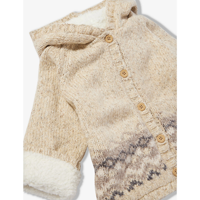 Shop The Little Tailor Oatmeal Fairisle-pattern Wooden-button Knitted Hoody 3 Months-3 Years