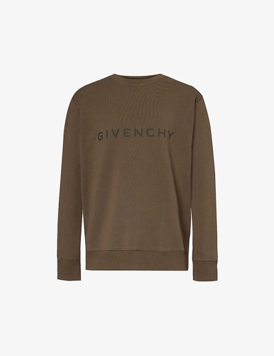 Shop Givenchy Men's Khaki Logo-print Slim-fit Cotton-jersey Sweatshirt
