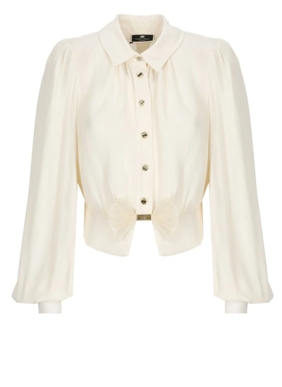 Shop Elisabetta Franchi Cropped Shirt With Bow In Neutrals
