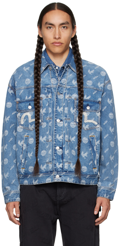 Shop Evisu Blue Kamon Denim Jacket In Indigo (mid Tone)