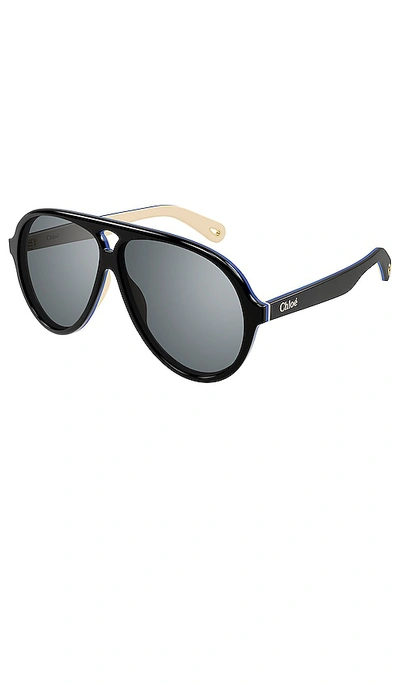 Chloé Jasper Aviator In Shiny Solid Trilayer Black  Blue  & Ivor