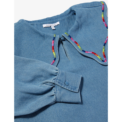 Shop Olivia Rubin Girls Blue Kids Embroidered-collar Flared-hem Denim Shirt 2-13 Years