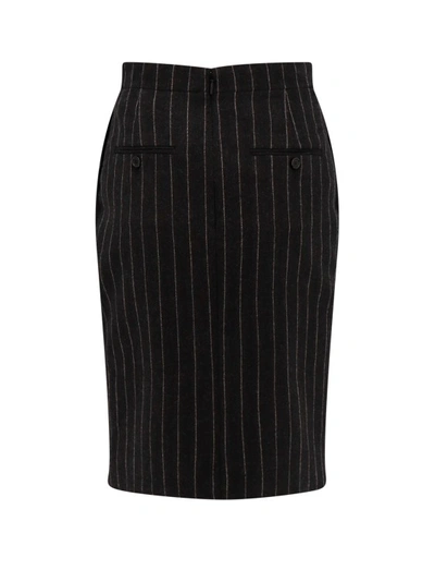 Shop Saint Laurent Pinstripe Wool Midi Skirt In Black