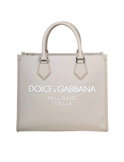 Shop Dolce & Gabbana Shopping Bag In Fabric With Rubber Logo In Grey