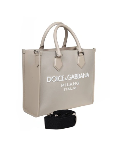 Shop Dolce & Gabbana Shopping Bag In Fabric With Rubber Logo In Grey
