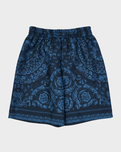 Shop Versace Boy's Barocco Silk Twill Foulard Shorts In Navy Blue