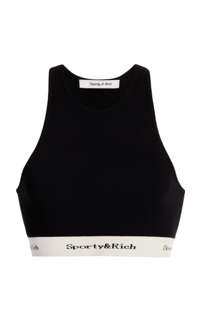 Shop Sporty And Rich Ribbed-knit Cropped Tank Top In Black