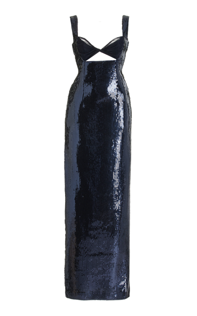 Shop Galvan Sequined Cutout Maxi Dress In Blue