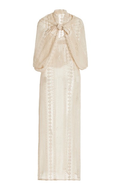 Shop Albus Lumen Scarf-detailed Cotton Crochet Maxi Dress In Neutral